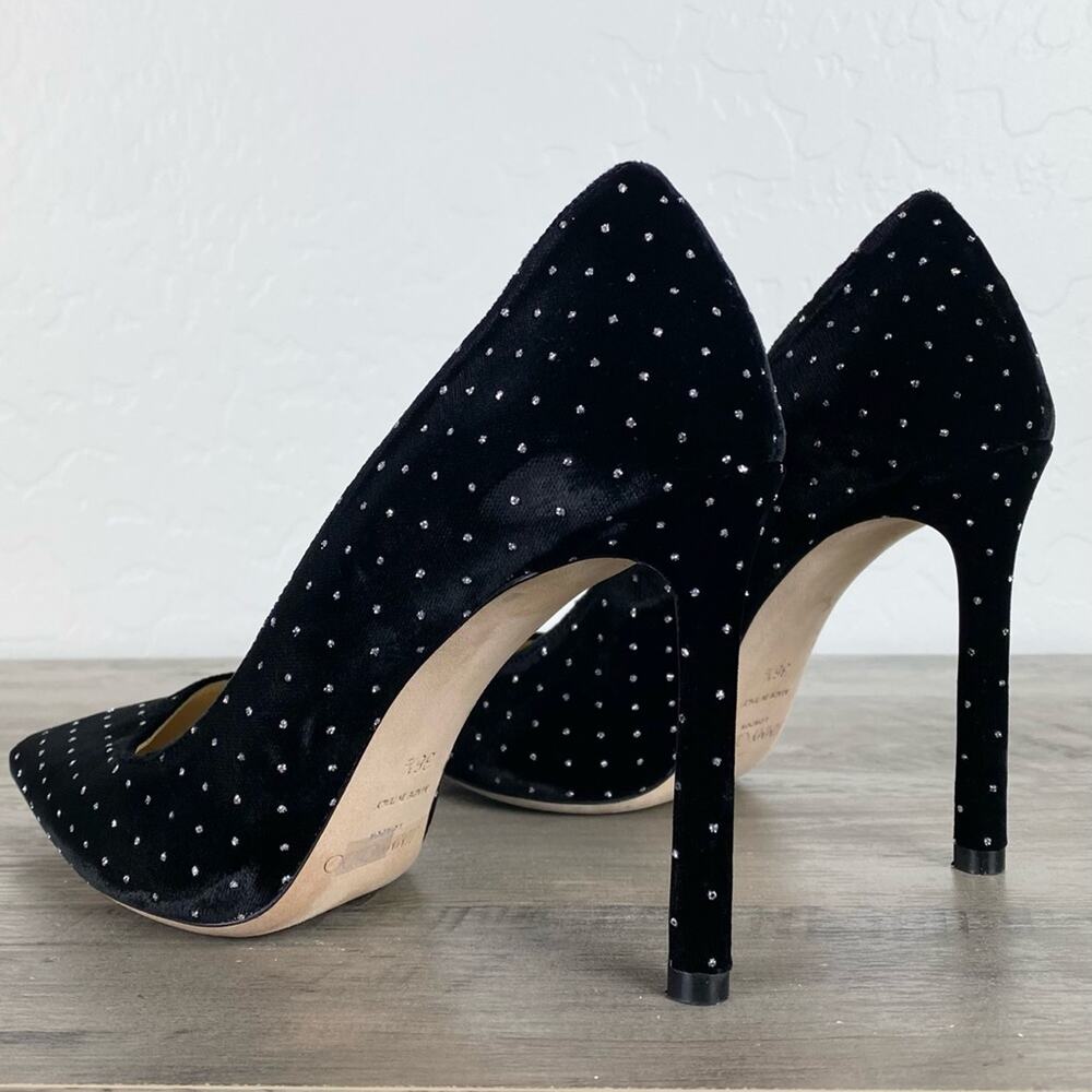 Jimmy Choo Romy 100 Silver Glitter Spotted BlackVelvet Pointy Toe Pumps Sz 6.5 - Picture 3 of 14